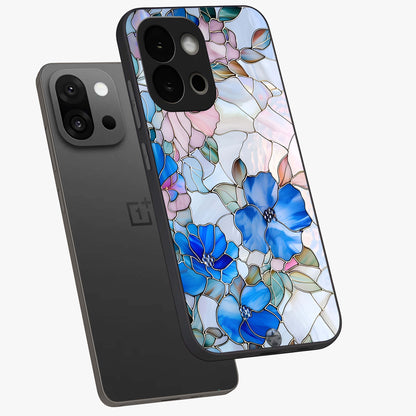 Stained Blue Floral Glass Case for 1+13S angled mockup showcasing glossy glass finish and rich sapphire tones