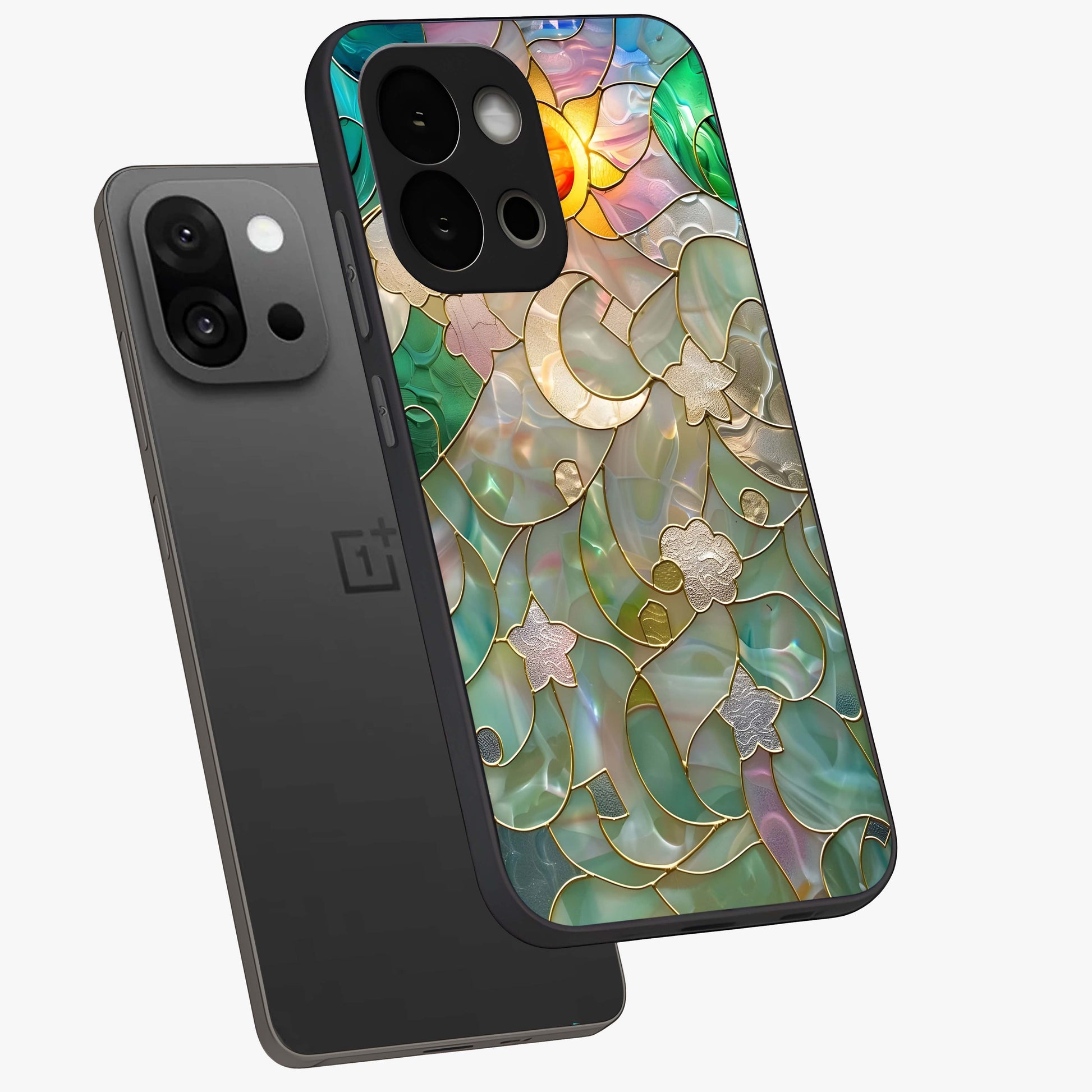 Stained Sunrise Glow Glass Case for 1+13S angled mockup showcasing glossy finish and warm golden gradients