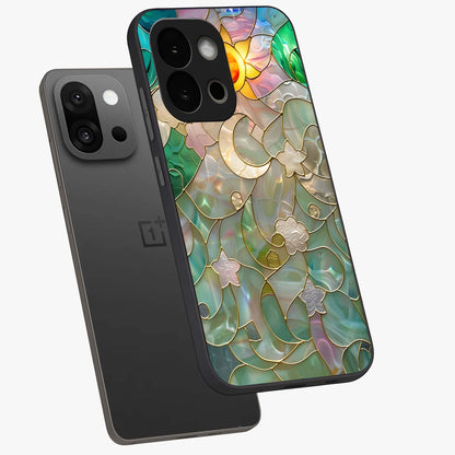 Stained Sunrise Glow Glass Case for 1+13S angled mockup showcasing glossy finish and warm golden gradients