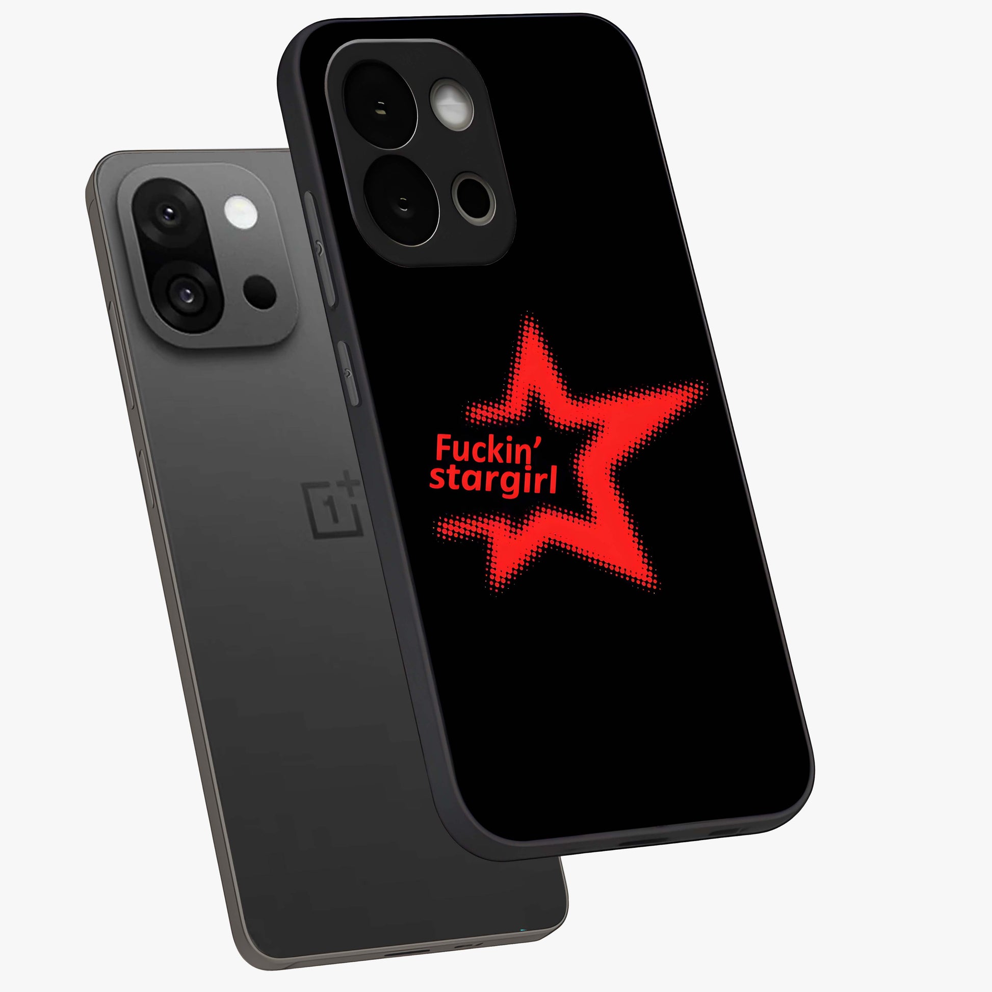 Starboy and Stargirl Energy Glass Case for 1+13S angled mockup showcasing glossy finish and vibrant cosmic tones