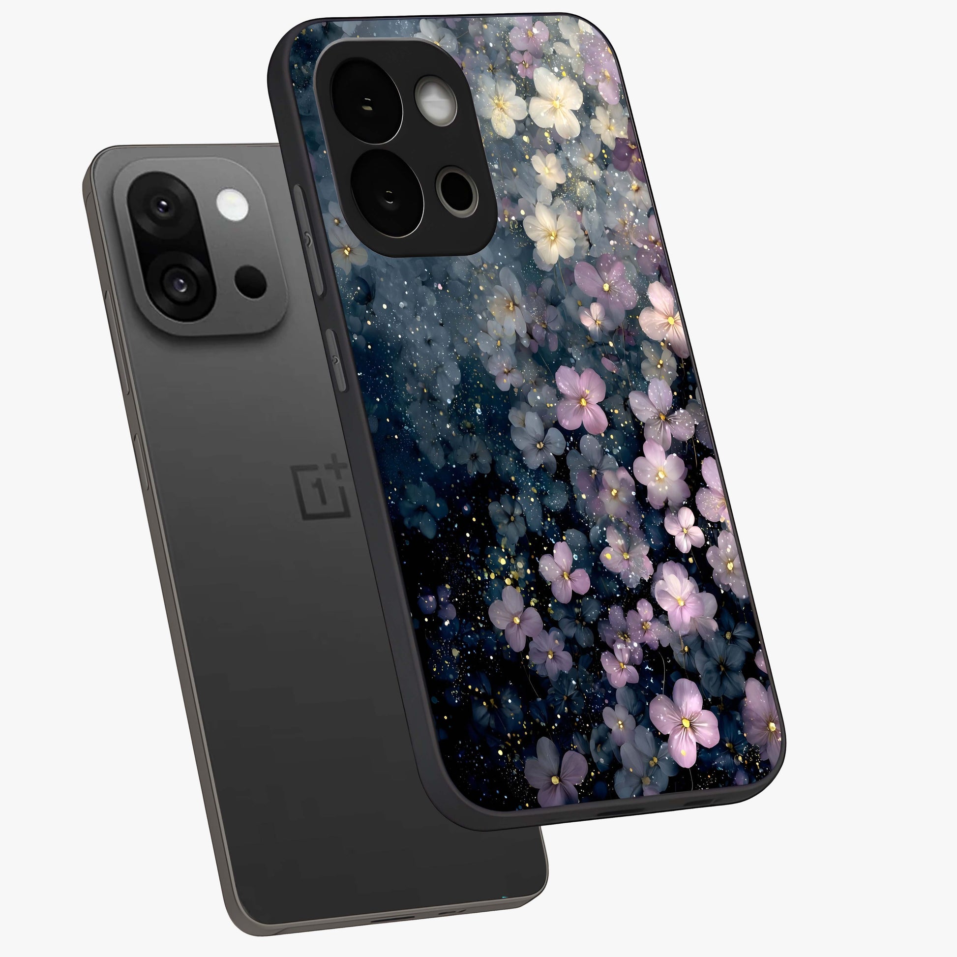 Starlit Blossom Dreams Glass Case for 1+13S angled mockup showcasing glossy finish and soft celestial detailing