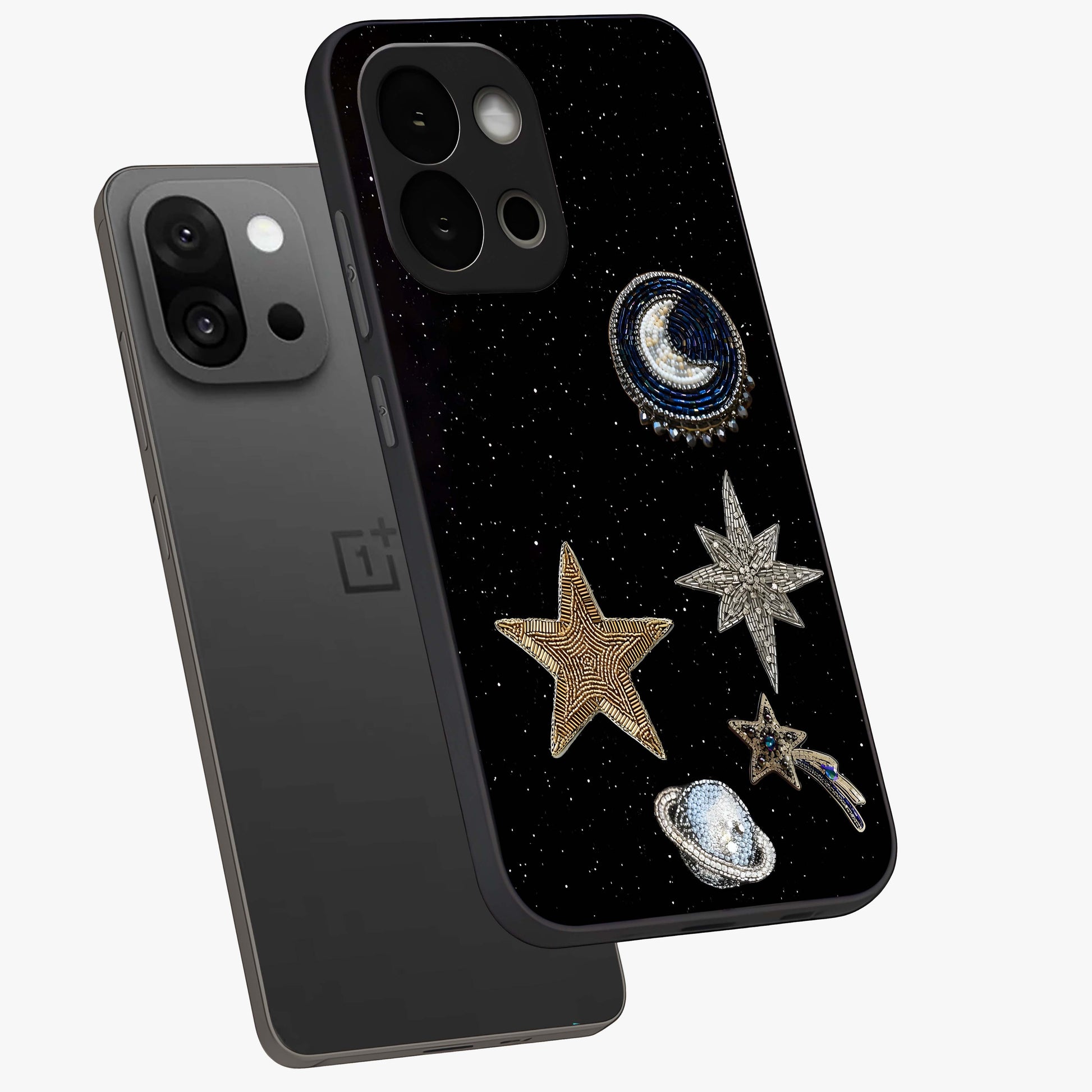 Starlit Cosmic Dreams Glass Case for 1+13S angled mockup showcasing glossy finish and deep space gradients