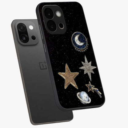 Starlit Cosmic Dreams Glass Case for 1+13S angled mockup showcasing glossy finish and deep space gradients