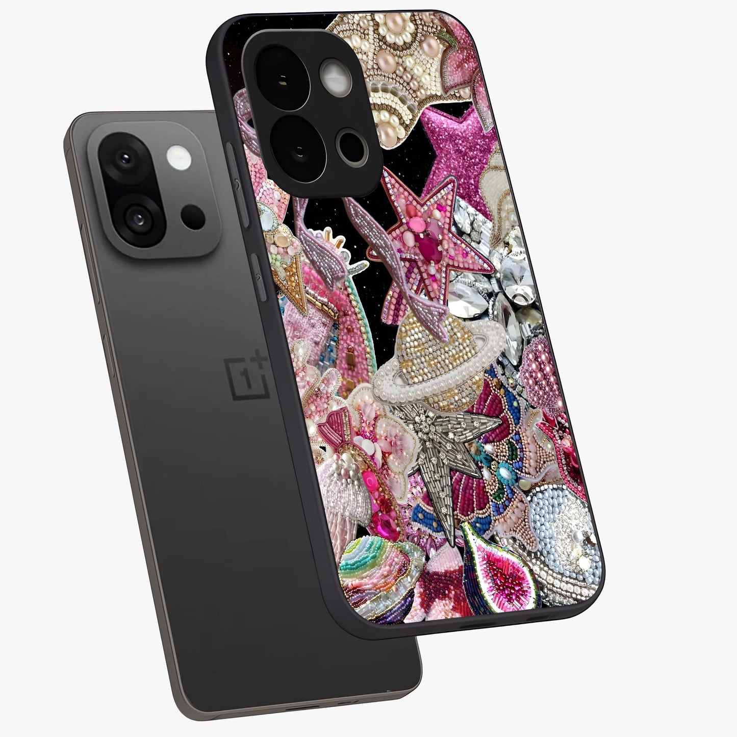 Starlit Jewel Dream Glass Case for 1+13S angled mockup showcasing glossy finish and radiant detailing