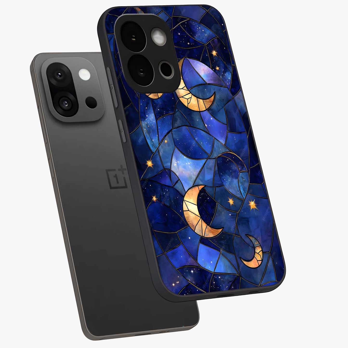 Starlit Sky Tapestry Glass Case for 1+13S angled mockup showcasing glossy finish and rich night tones