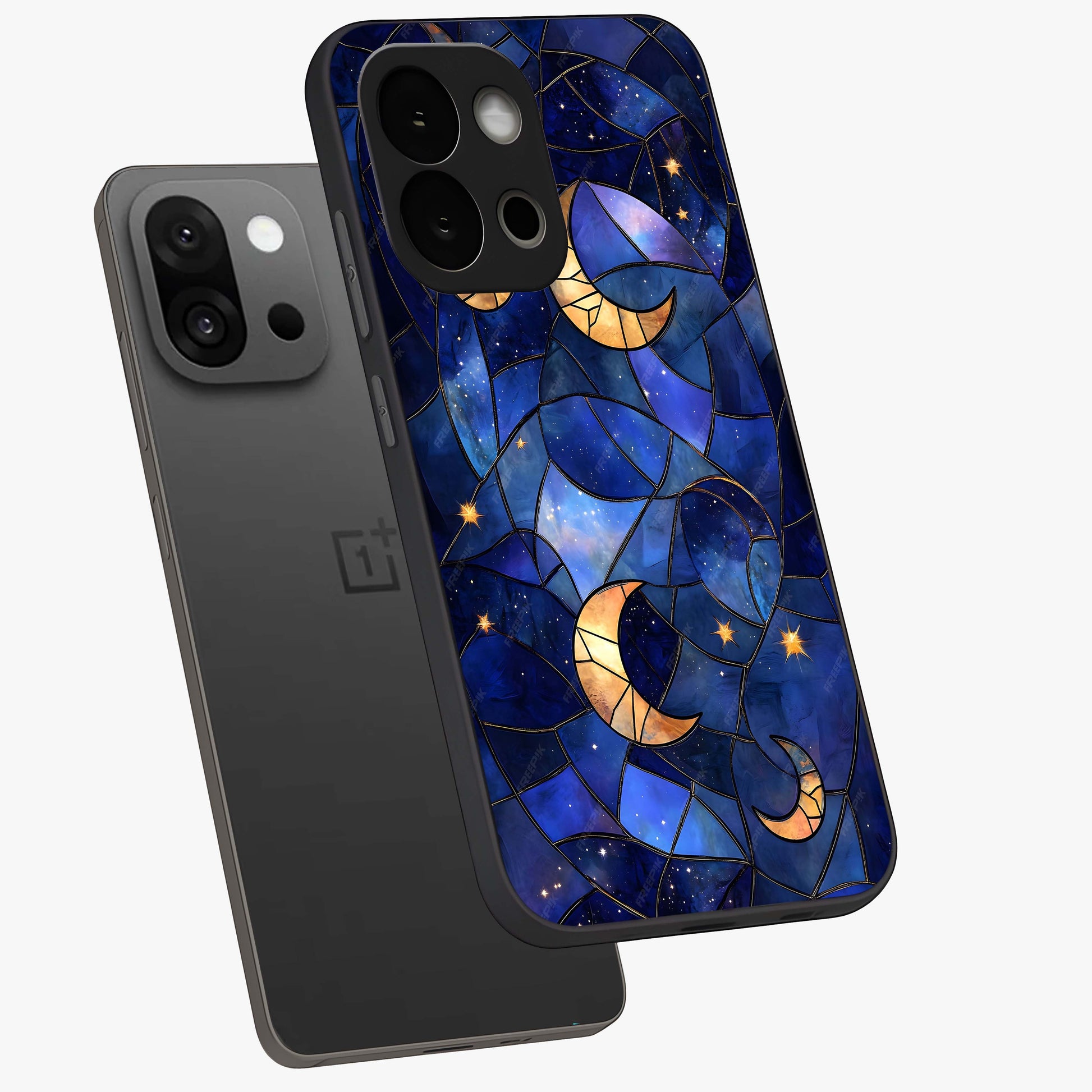Starlit Sky Tapestry Glass Case for 1+13S angled mockup showcasing glossy finish and rich night tones