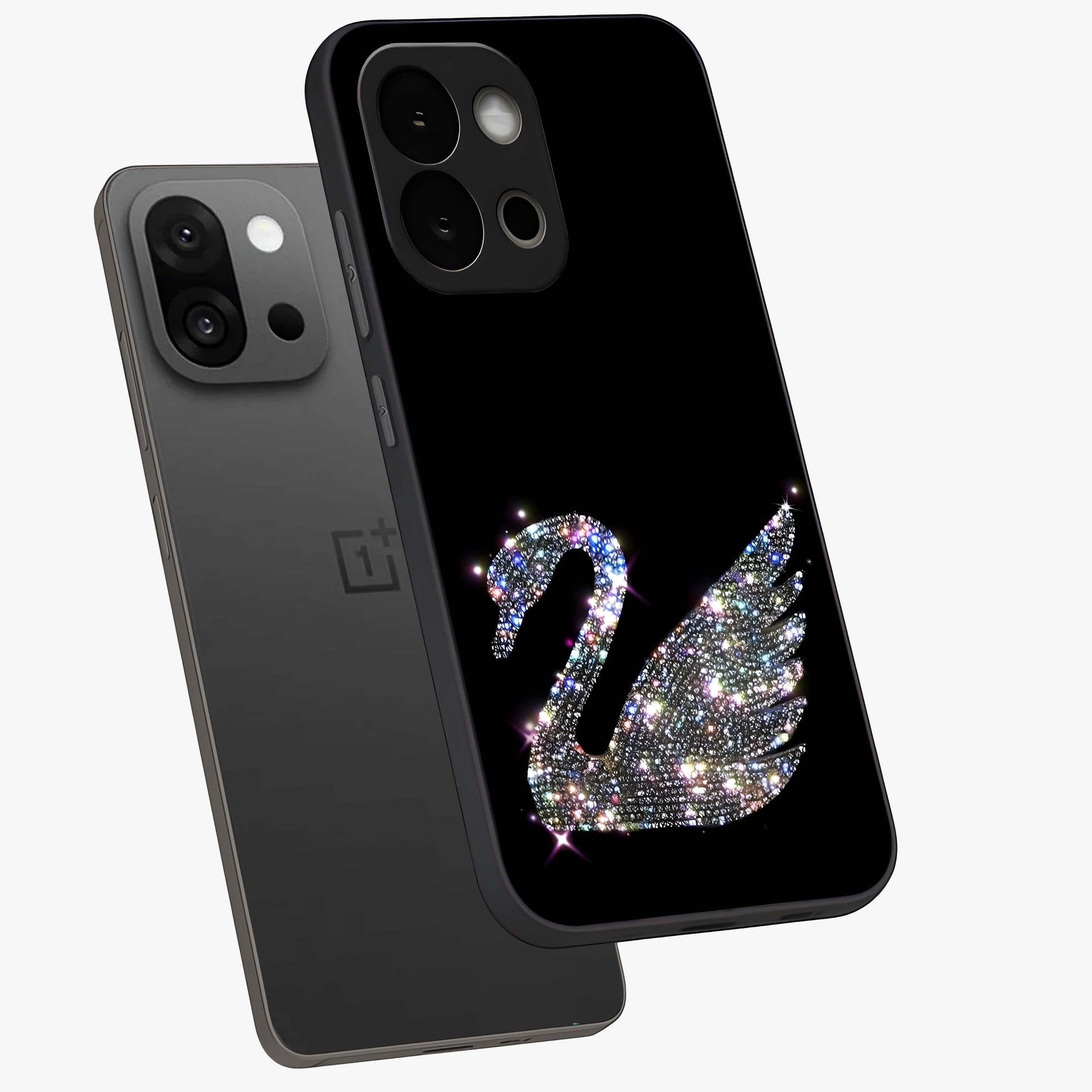 Starlit Swan Grace Glass Case for 1+13S angled mockup showcasing glossy finish and serene celestial tones