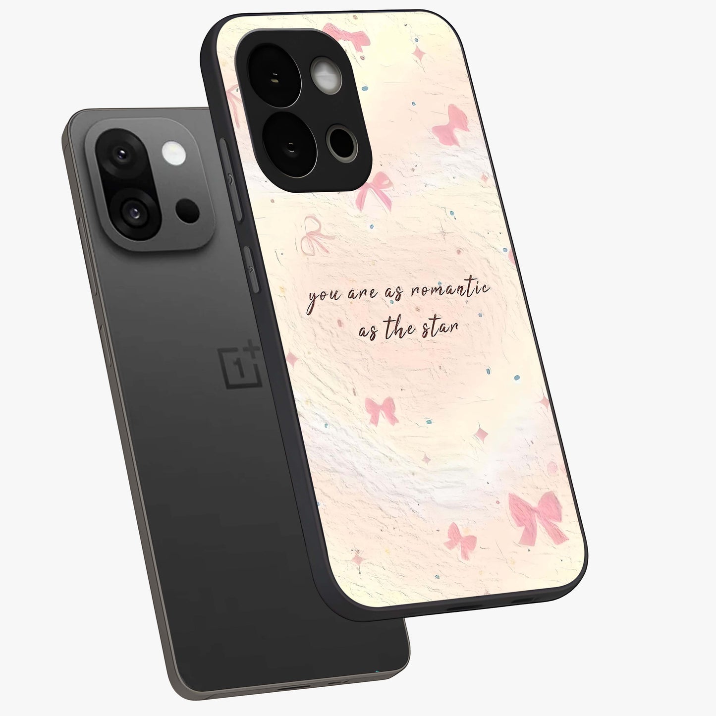 Starry Bow Romance Glass Case for 1+13S angled mockup showcasing glossy finish and soft dreamy tones