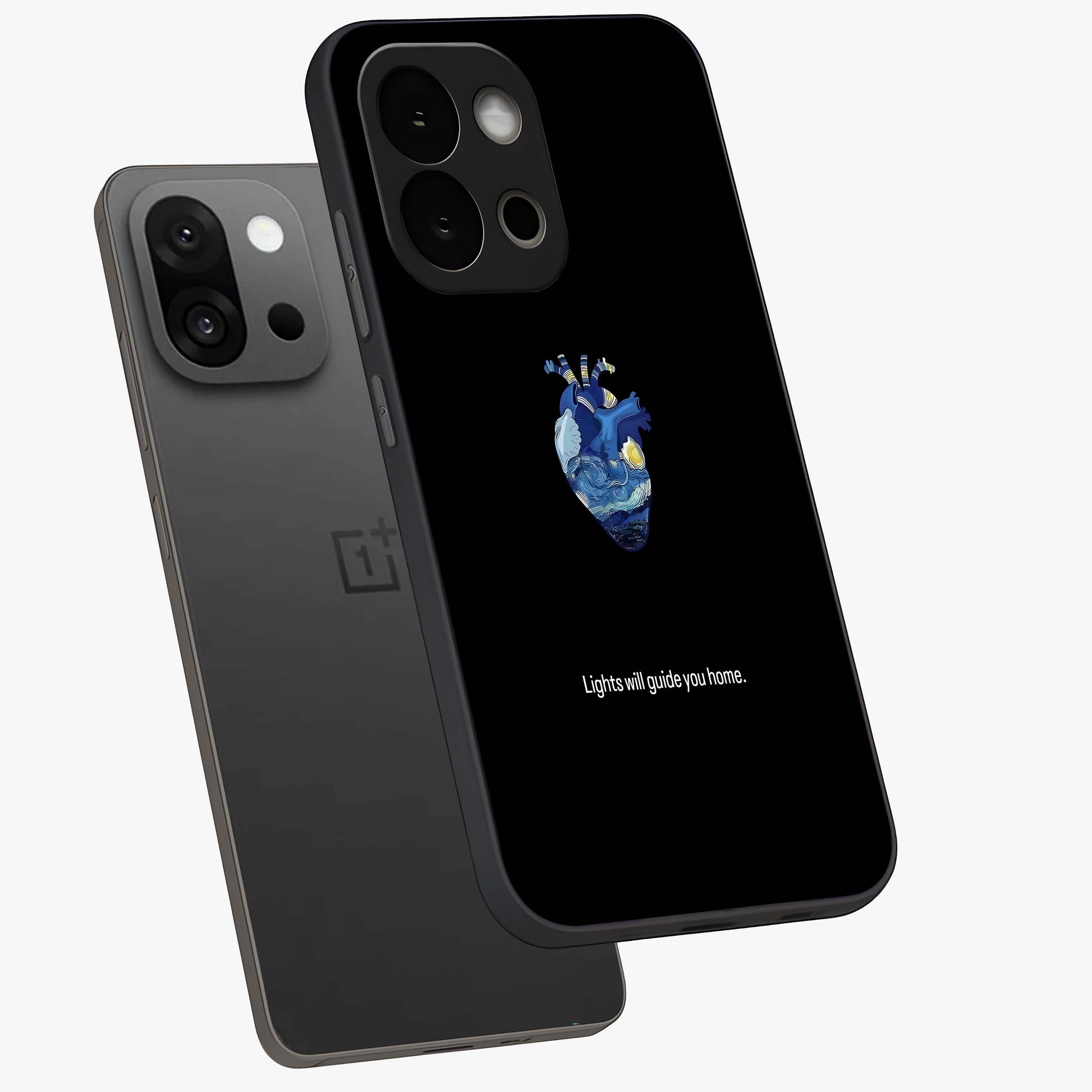 Starry Heart Compass Glass Case for 1+13S angled mockup showcasing glossy finish and celestial gradient tones