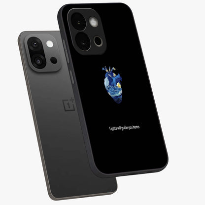 Starry Heart Compass Glass Case for 1+13S angled mockup showcasing glossy finish and celestial gradient tones