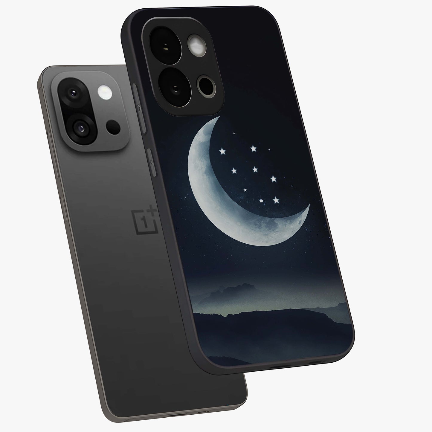 Starry Moon Pattern Glass Case for 1+13S angled mockup showcasing glossy glass finish and deep night tones