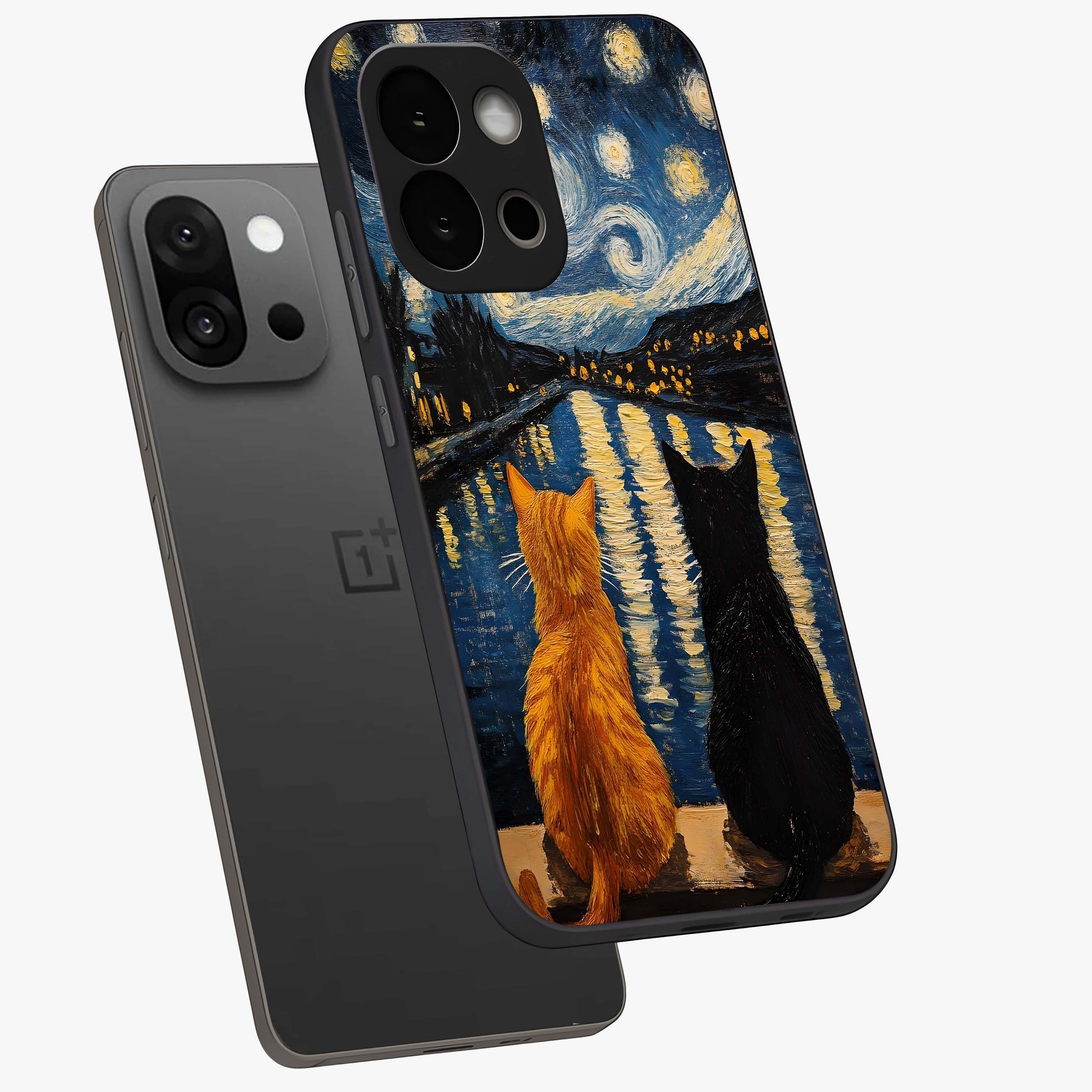 Starry River Cats Glass Case for 1+13S angled mockup showcasing glossy finish and soft cosmic detailing