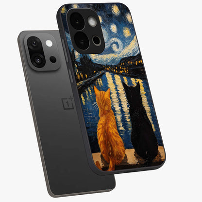 Starry River Cats Glass Case for 1+13S angled mockup showcasing glossy finish and soft cosmic detailing