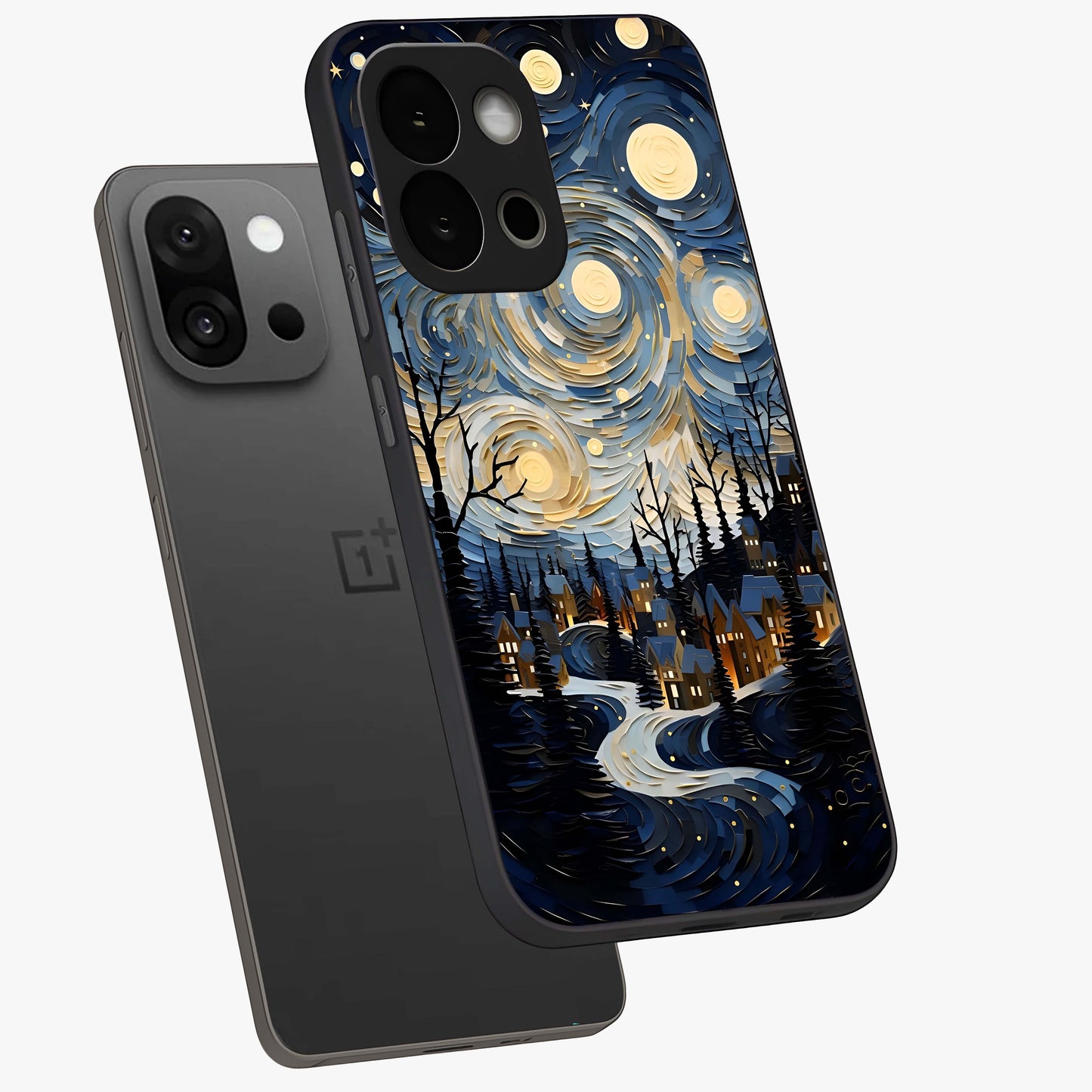 Starry Winter Town Glass Case for 1+13S angled mockup showcasing glossy finish and cool winter tones