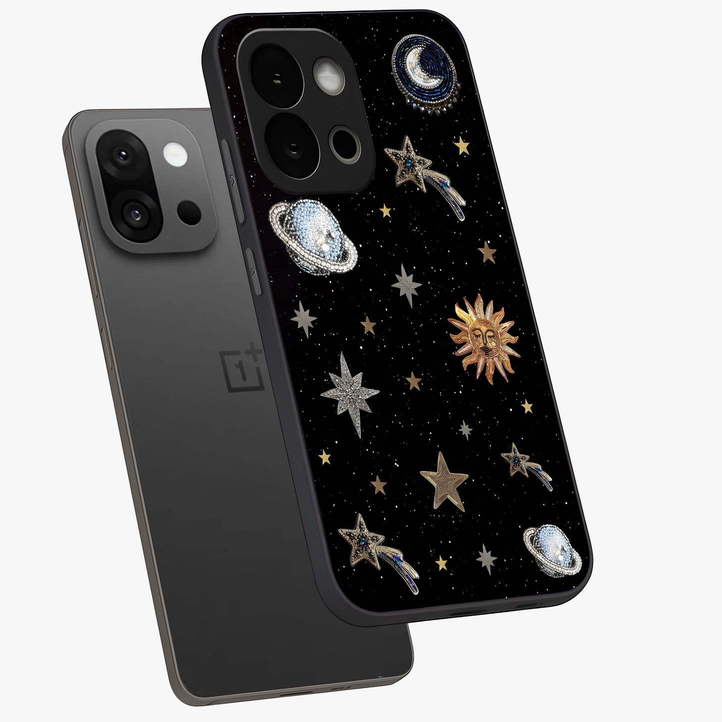 Stars and Planets Brooches Glass Case for 1+13S angled mockup showcasing glossy finish and luminous space tones