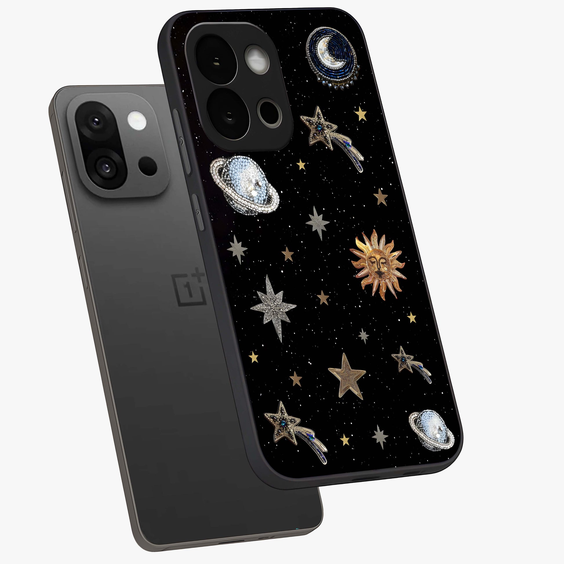 Stars and Planets Brooches Glass Case for 1+13S angled mockup showcasing glossy finish and luminous space tones