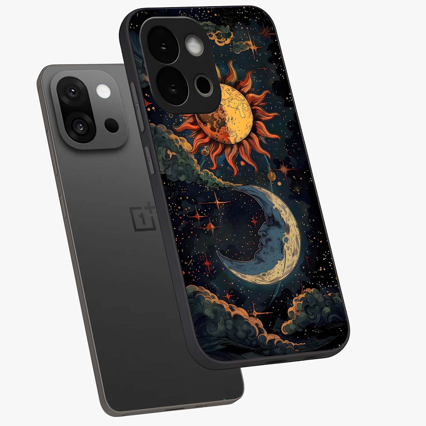 Sun and Moonflowers Glass Case for 1+13S angled mockup showcasing glossy finish and warm radiant tones