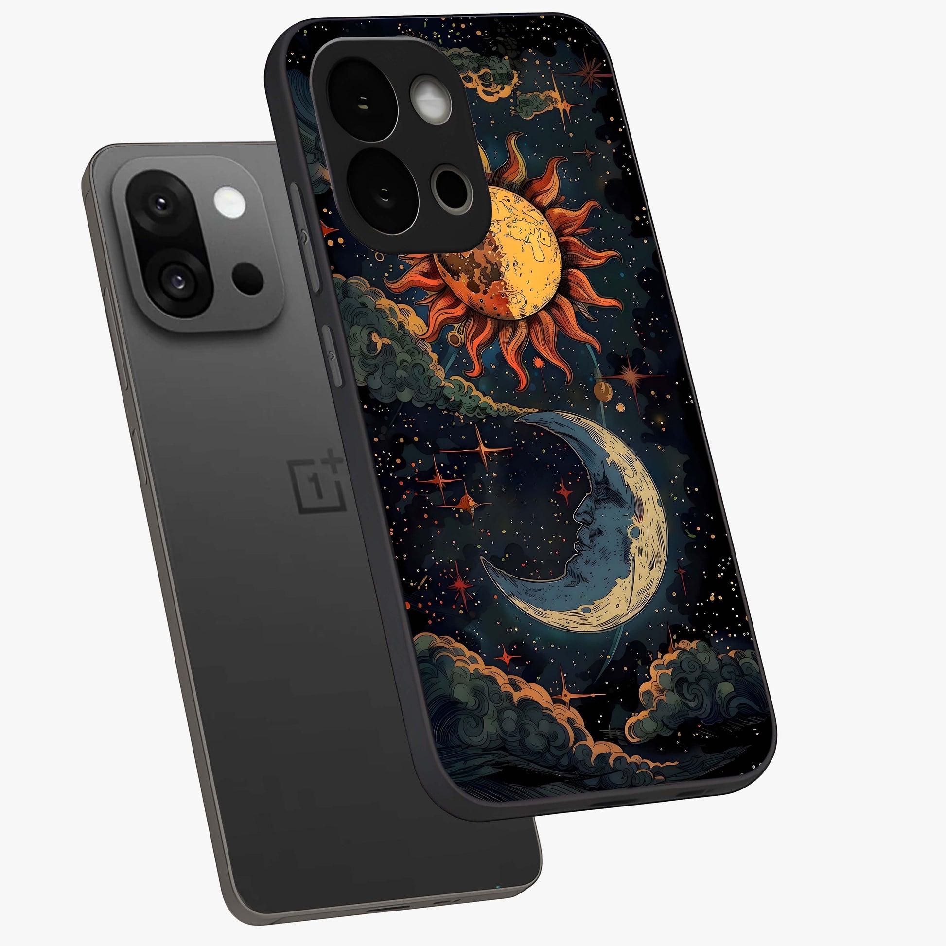 Sun and Moonflowers Glass Case for 1+13S angled mockup showcasing glossy finish and warm radiant tones