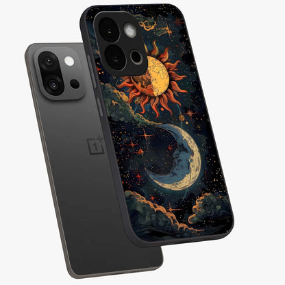 Sun and Moonflowers Glass Case for 1+13S angled mockup showcasing glossy finish and warm radiant tones