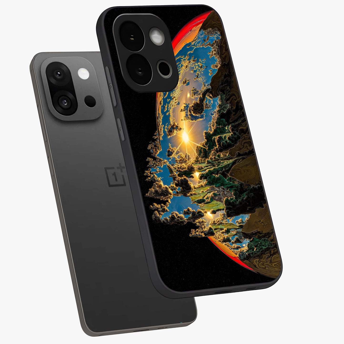 Sunrise Bursting Glass Case for 1+13S angled mockup showcasing glossy finish and warm golden gradients