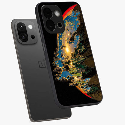 Sunrise Bursting Glass Case for 1+13S angled mockup showcasing glossy finish and warm golden gradients