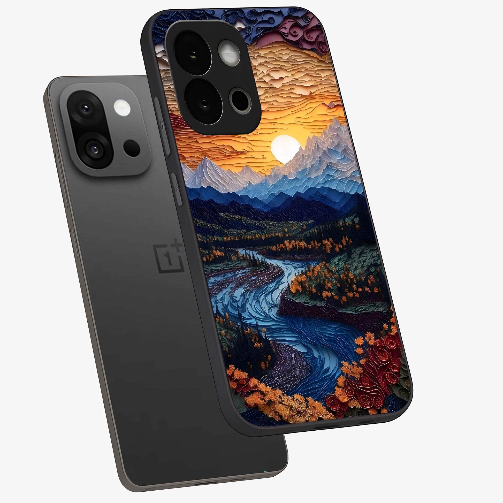 Sunrise River Dreams Glass Case for 1+13S angled mockup showcasing glossy finish and soft pastel gradients