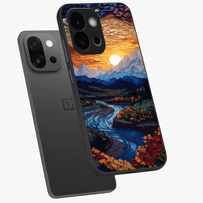 Sunrise River Dreams Glass Case for 1+13S angled mockup showcasing glossy finish and soft pastel gradients