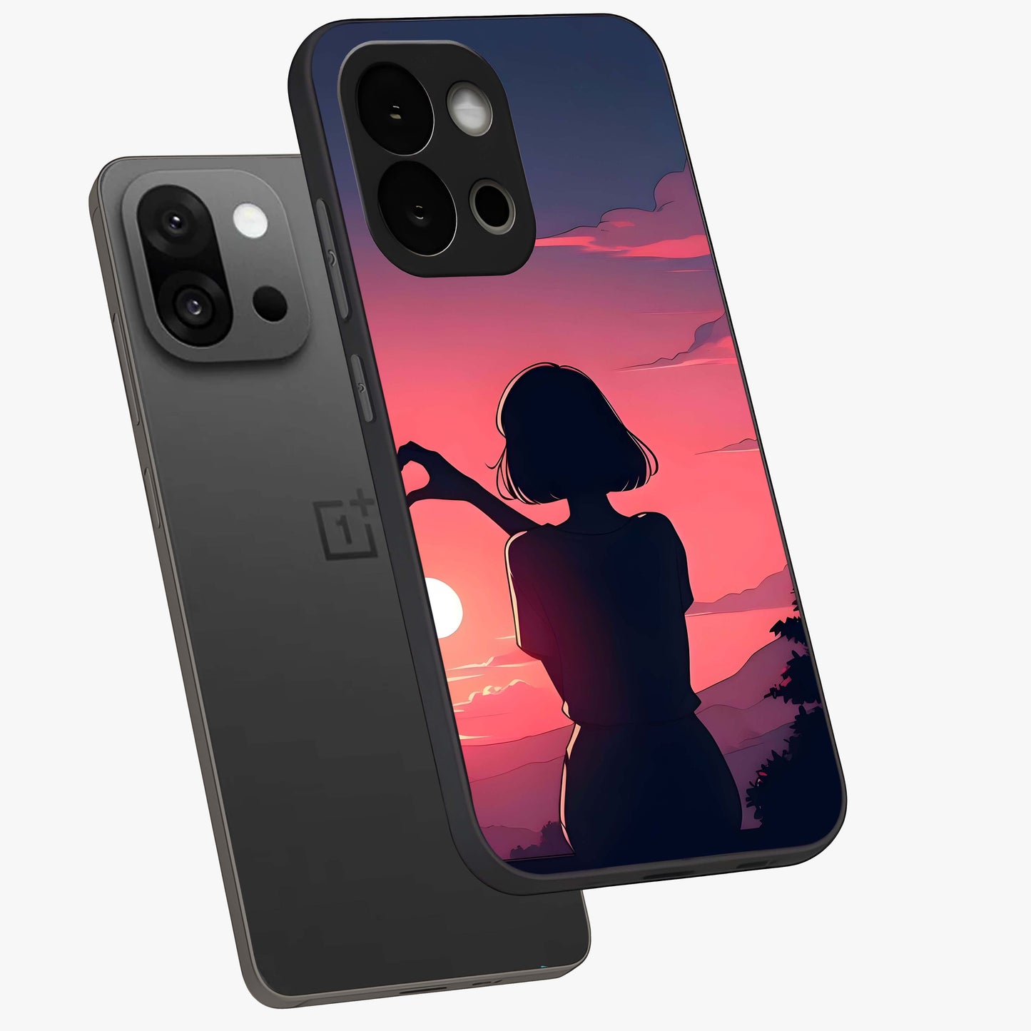 Sunset Silhouette Boy Glass Case for 1+13S angled mockup showcasing glossy finish and rich orange tones