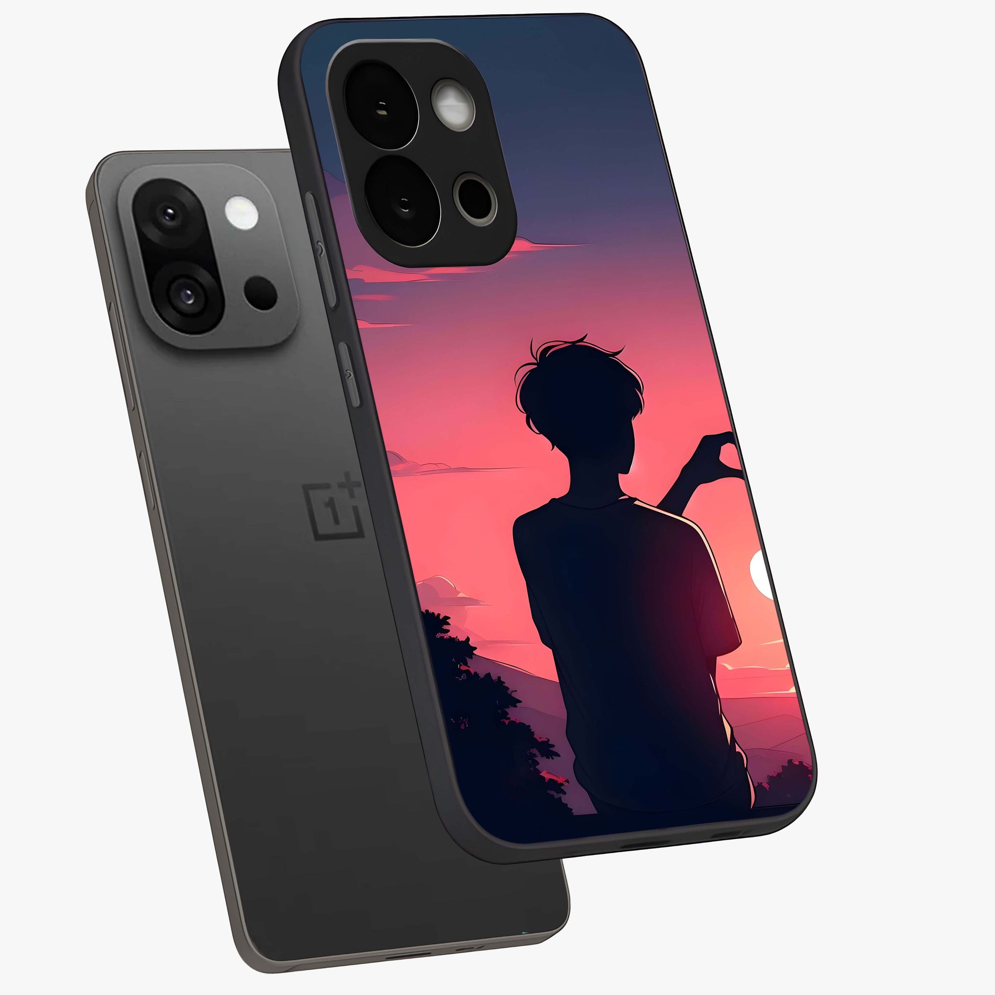 Sunset Silhouette Girl Glass Case for 1+13S angled mockup showcasing glossy finish and warm gradient tones