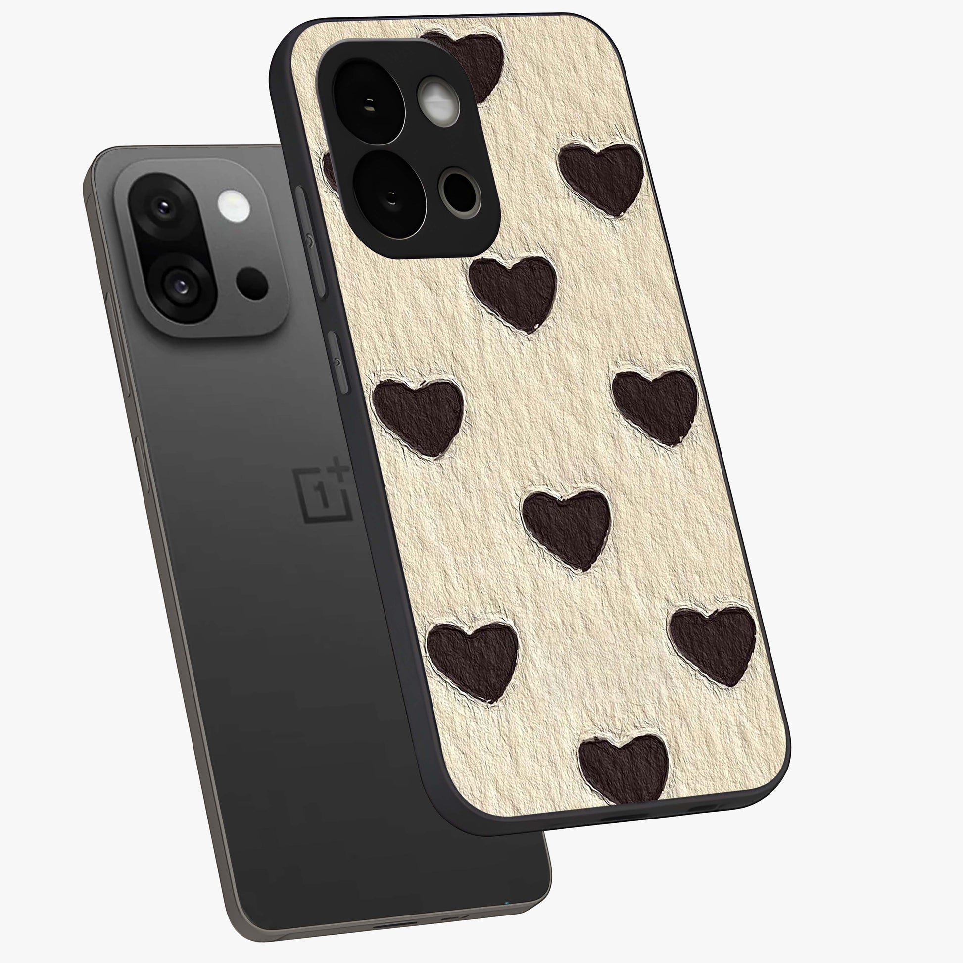 Textured Love Pattern Glass Case for 1+13S angled mockup showcasing glossy finish and subtle pattern detailing