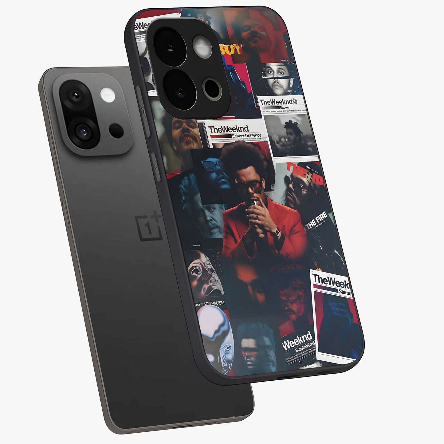 The Weeknd Glass Case for 1+13S angled mockup showcasing glossy finish and bold modern tones