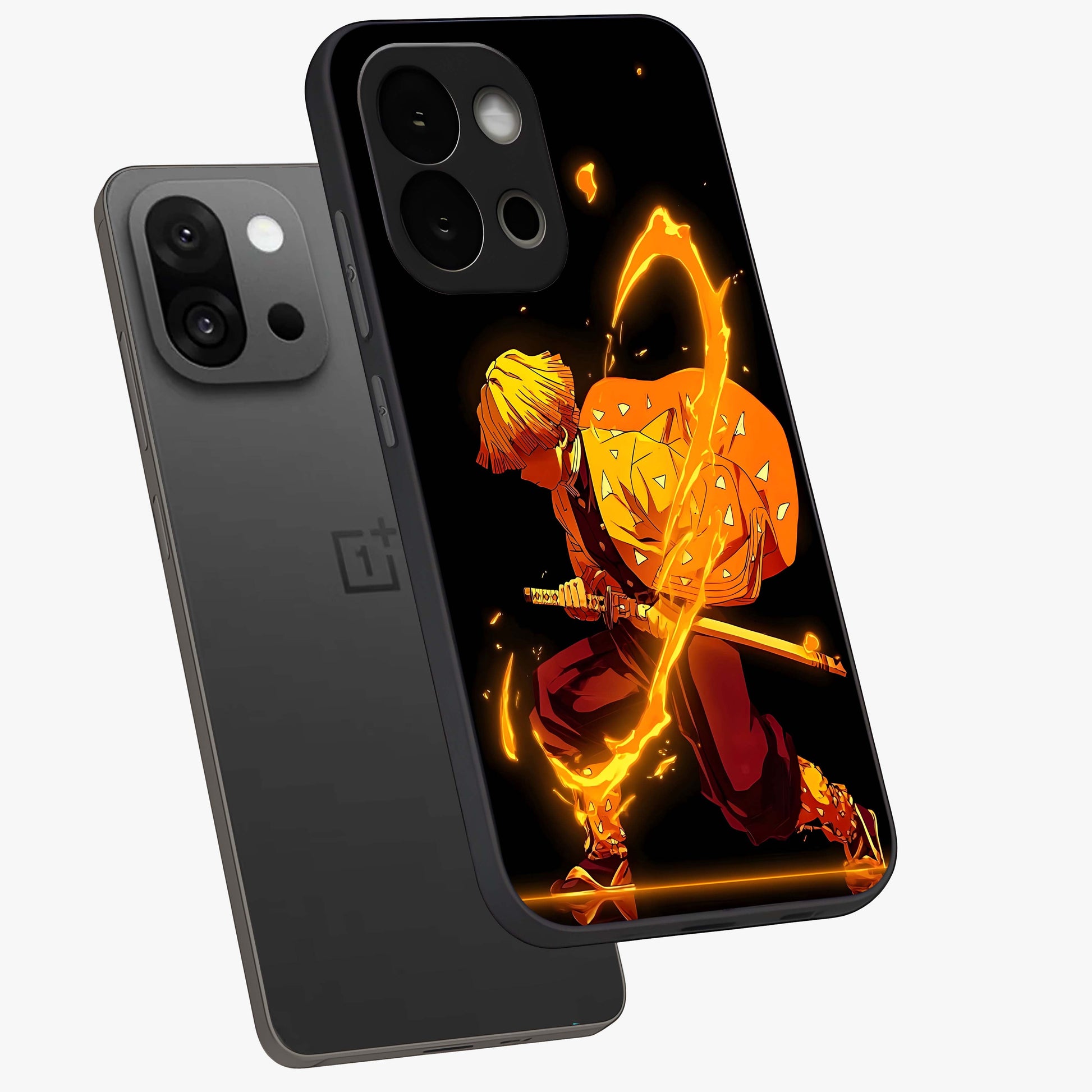 Thunder Flame Execution Glass Case for 1+13S angled mockup showcasing glossy finish and dramatic high contrast tones