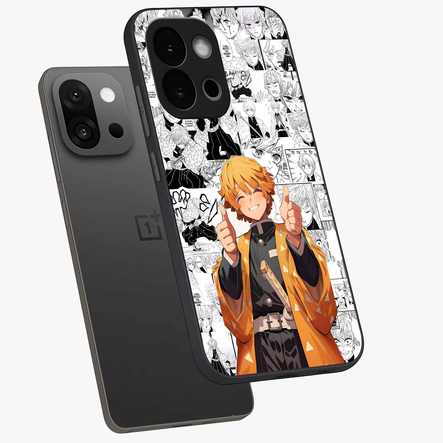 Thunder Smile Hero Glass Case for 1+13S angled mockup showcasing glossy glass finish and high energy detailing