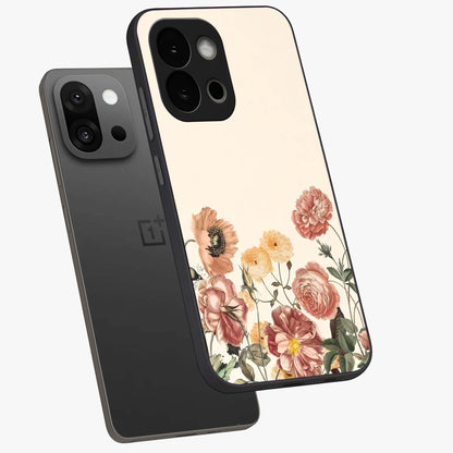 Timeless Garden Romance Glass Case for 1+13S angled mockup showcasing glossy finish and soft romantic tones