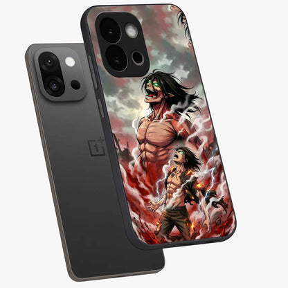 Titan Awakening Fury Glass Case for 1+13S angled mockup showcasing glossy finish and dramatic action detailing