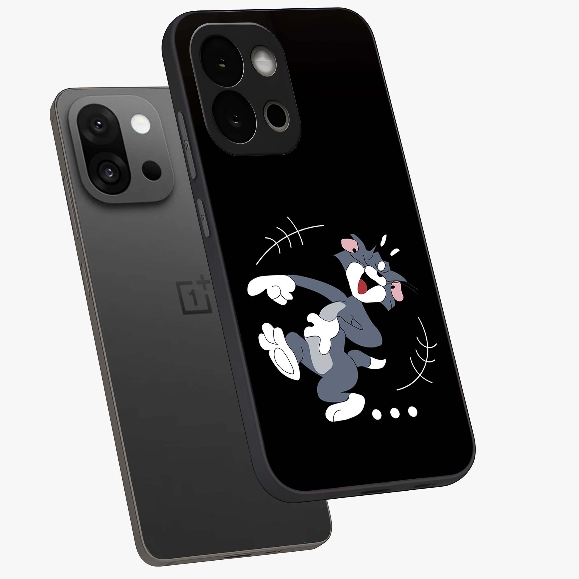 Tom in Trouble Glass Case for 1+13S angled mockup showcasing glossy finish and vibrant cartoon detailing