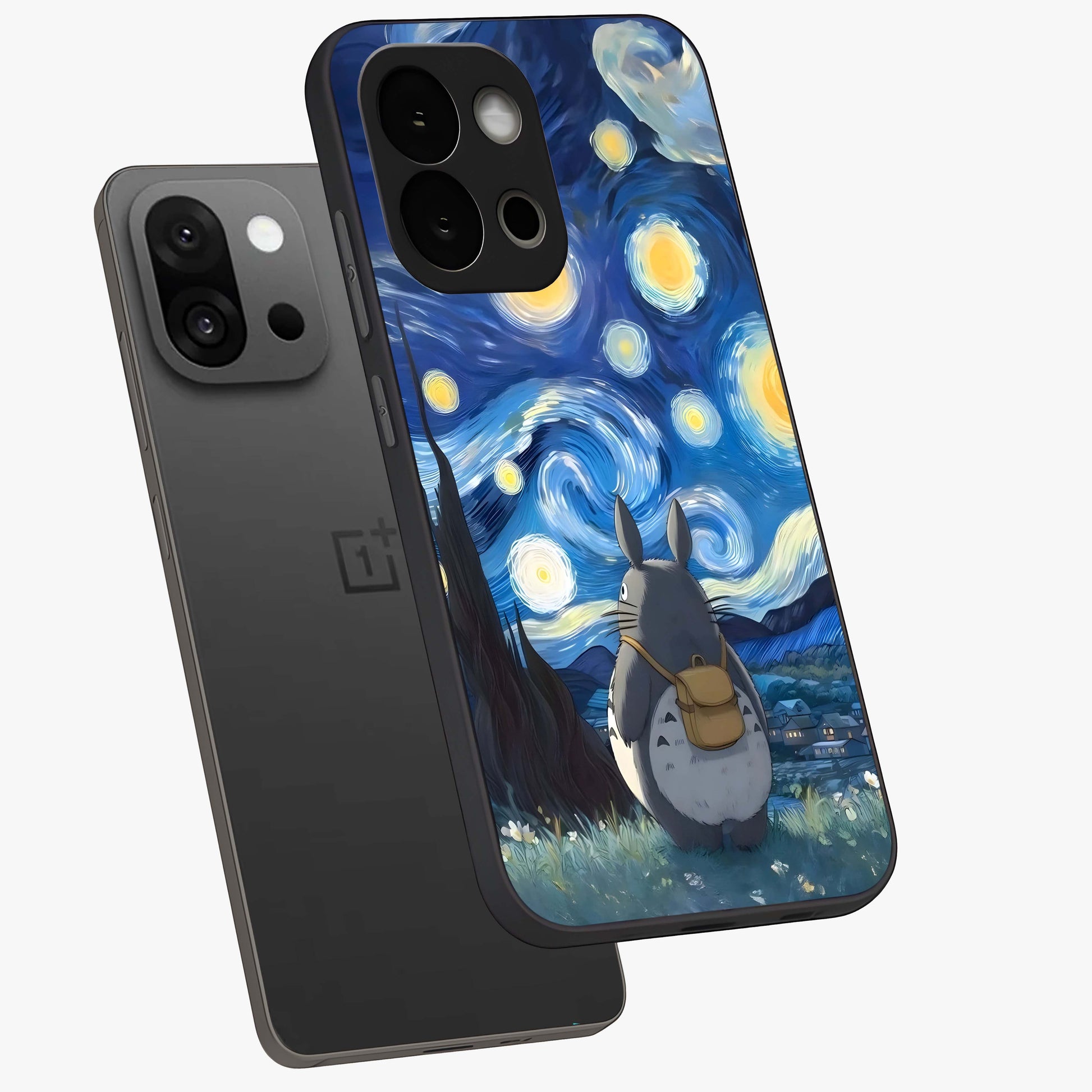 Totoro in Van Gogh Art Glass Case for 1+13S angled mockup showcasing glossy finish and vibrant brushstroke detailing