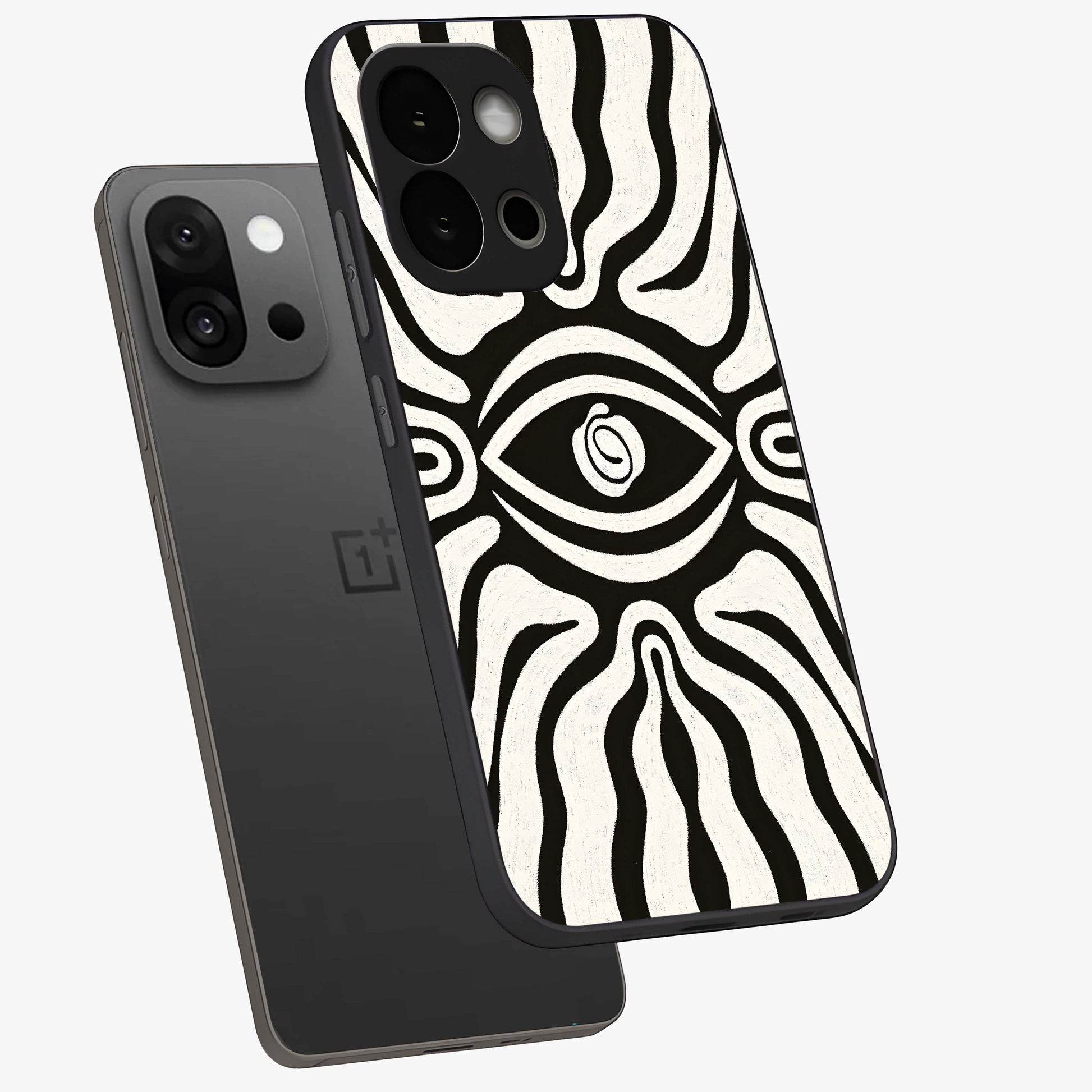 Trancewave Illusion Art Glass Case for 1+13S angled mockup showcasing glossy finish and psychedelic detailing