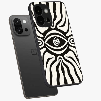 Trancewave Illusion Art Glass Case for 1+13S angled mockup showcasing glossy finish and psychedelic detailing