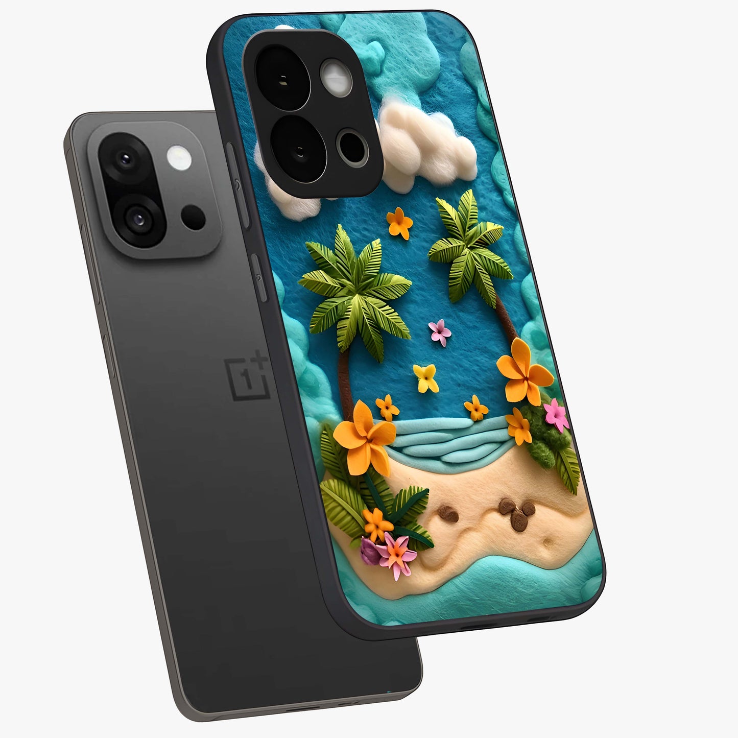 Tropical Felt Escape Glass Case for 1+13S angled mockup showcasing glossy finish and vibrant island tones