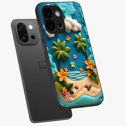 Tropical Felt Escape Glass Case for 1+13S angled mockup showcasing glossy finish and vibrant island tones