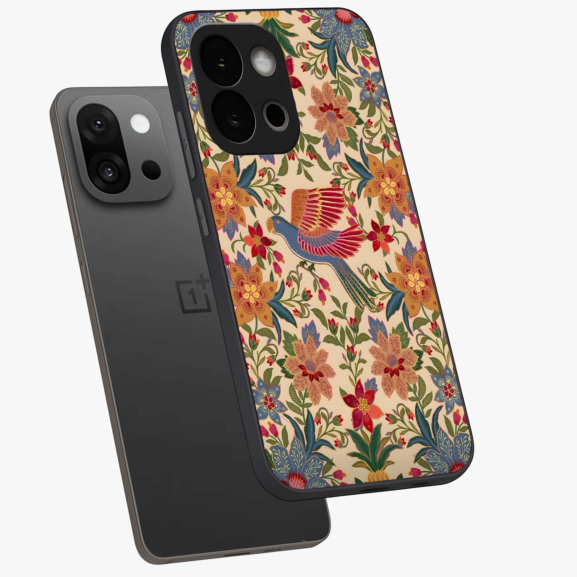 Tropical Folk Art Bird Glass Case for 1+13S angled mockup showcasing glossy finish and rich cultural tones