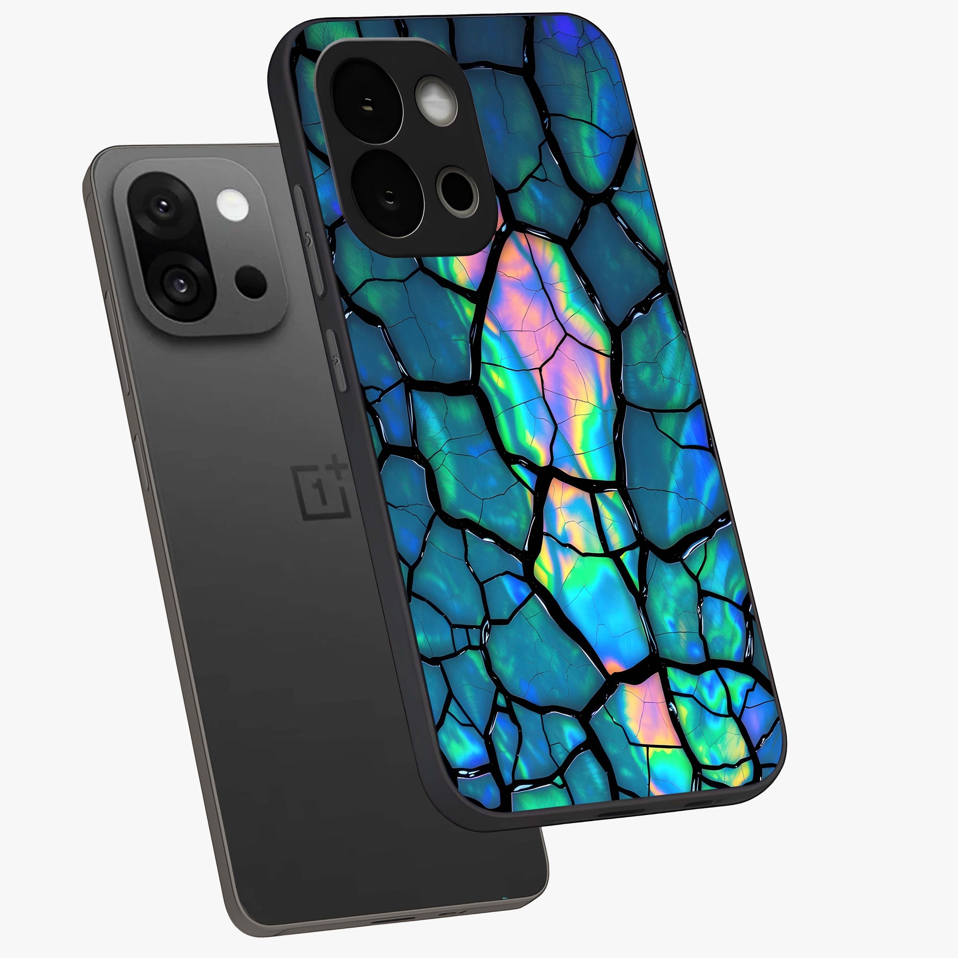 Tropical Wing Vibe Glass Case for 1+13S angled mockup showcasing glossy finish and bold gradient detailing