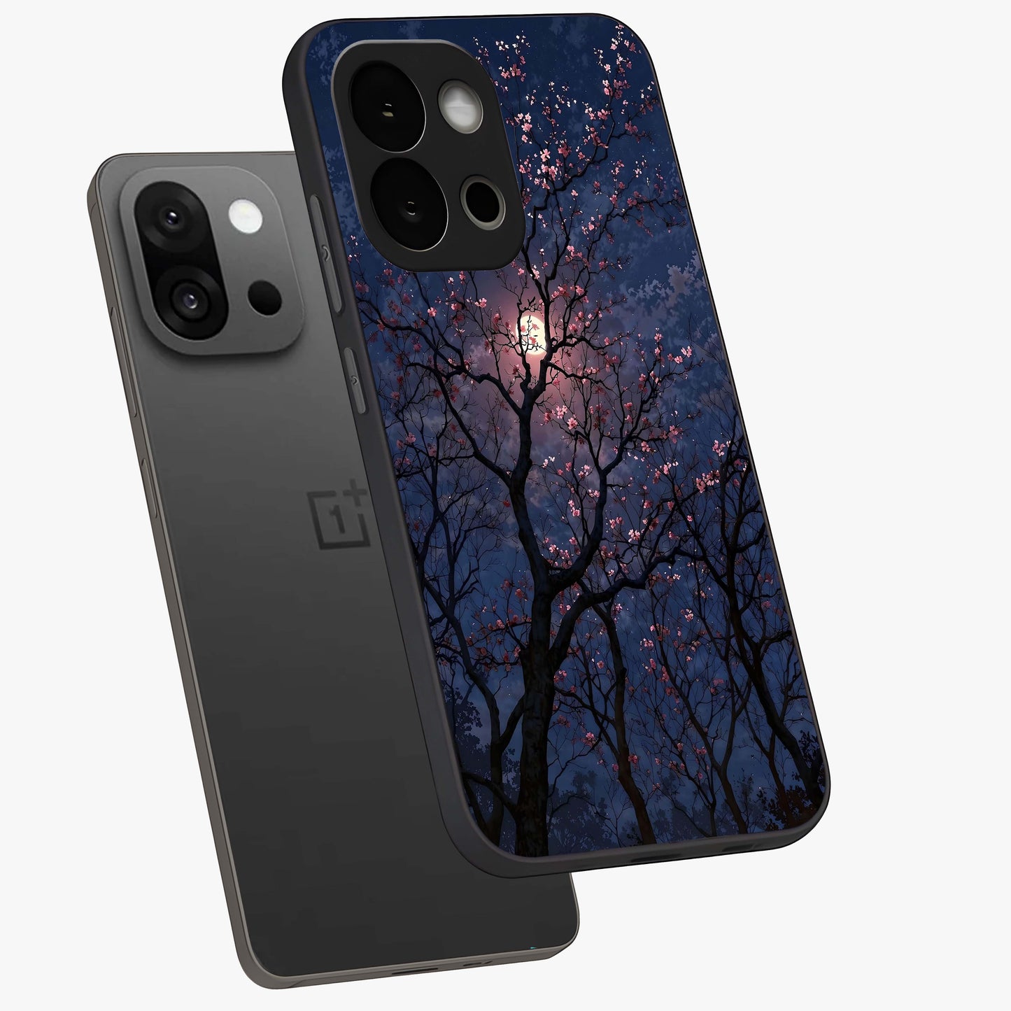 Twilight Sakura Serenade Glass Case for 1+13S angled mockup showcasing glossy glass finish and soft purple gradients