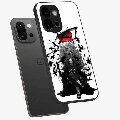 Uchiha Shadow Throne Glass Case for 1+13S angled mockup showcasing glossy finish and dramatic shadow detailing