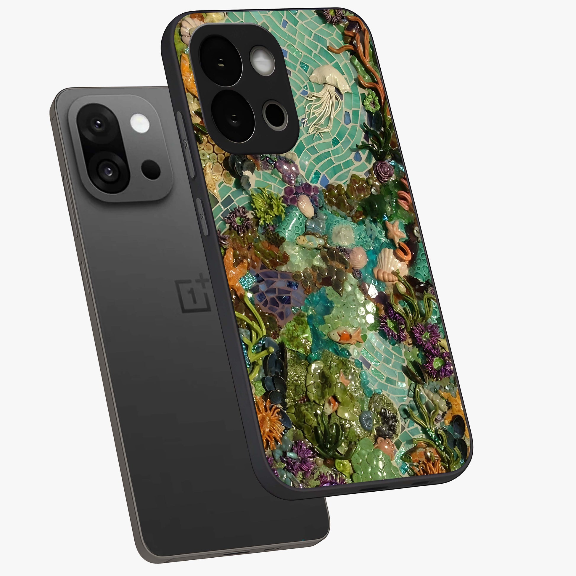 Underwater Mosaic Art Glass Case for 1+13S angled mockup showcasing glossy finish and vibrant aquatic tones