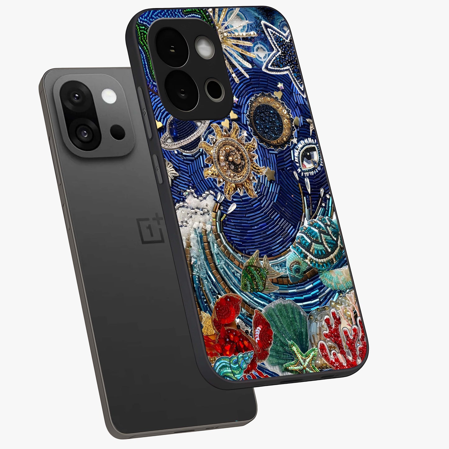 Universe Underwater Spark Glass Case for 1+13S angled mockup showcasing glossy finish and glowing blue gradients