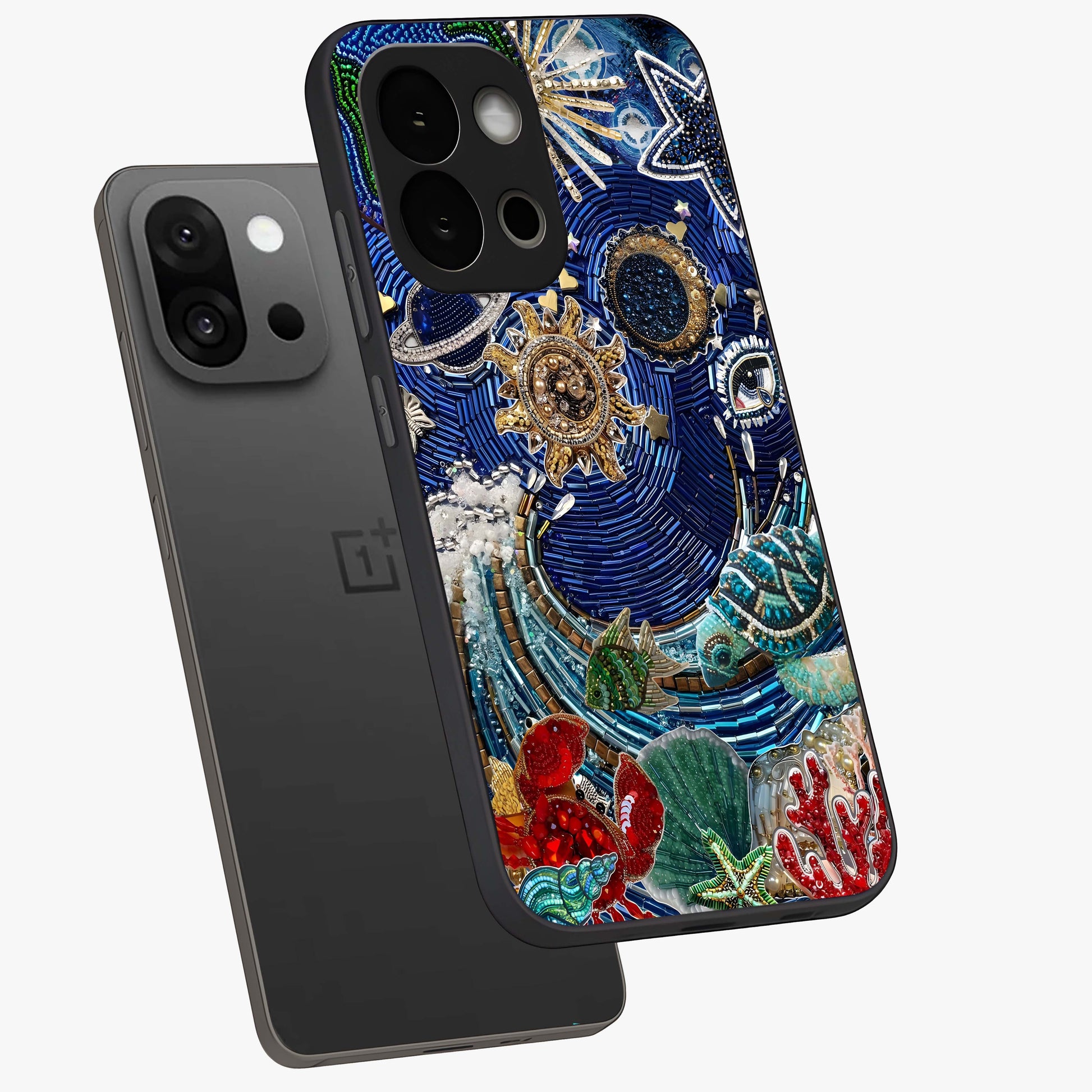 Universe Underwater Spark Glass Case for 1+13S angled mockup showcasing glossy finish and glowing blue gradients