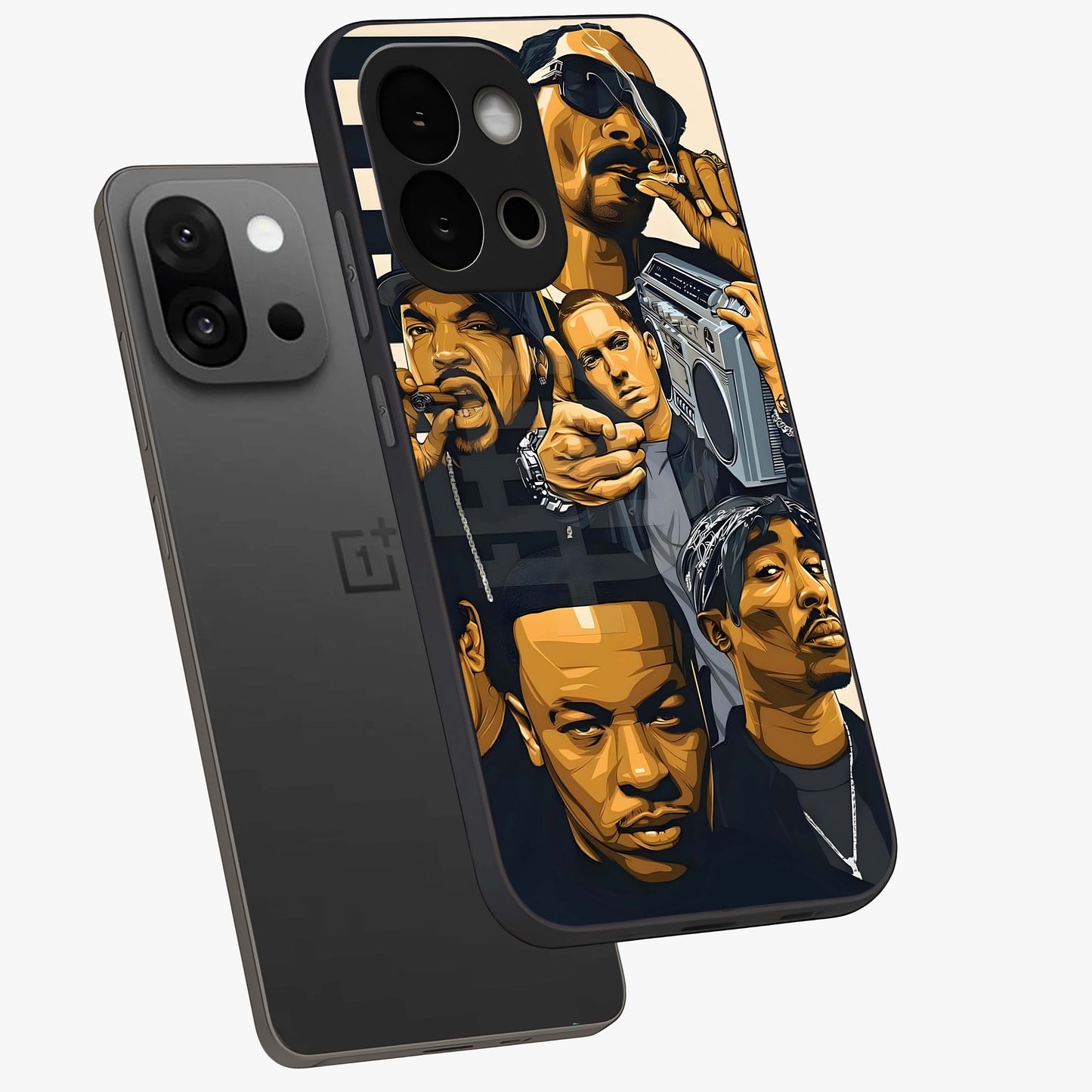 Urban Rap Legends Glass Case for 1+13S angled mockup showcasing glossy finish and edgy urban detailing