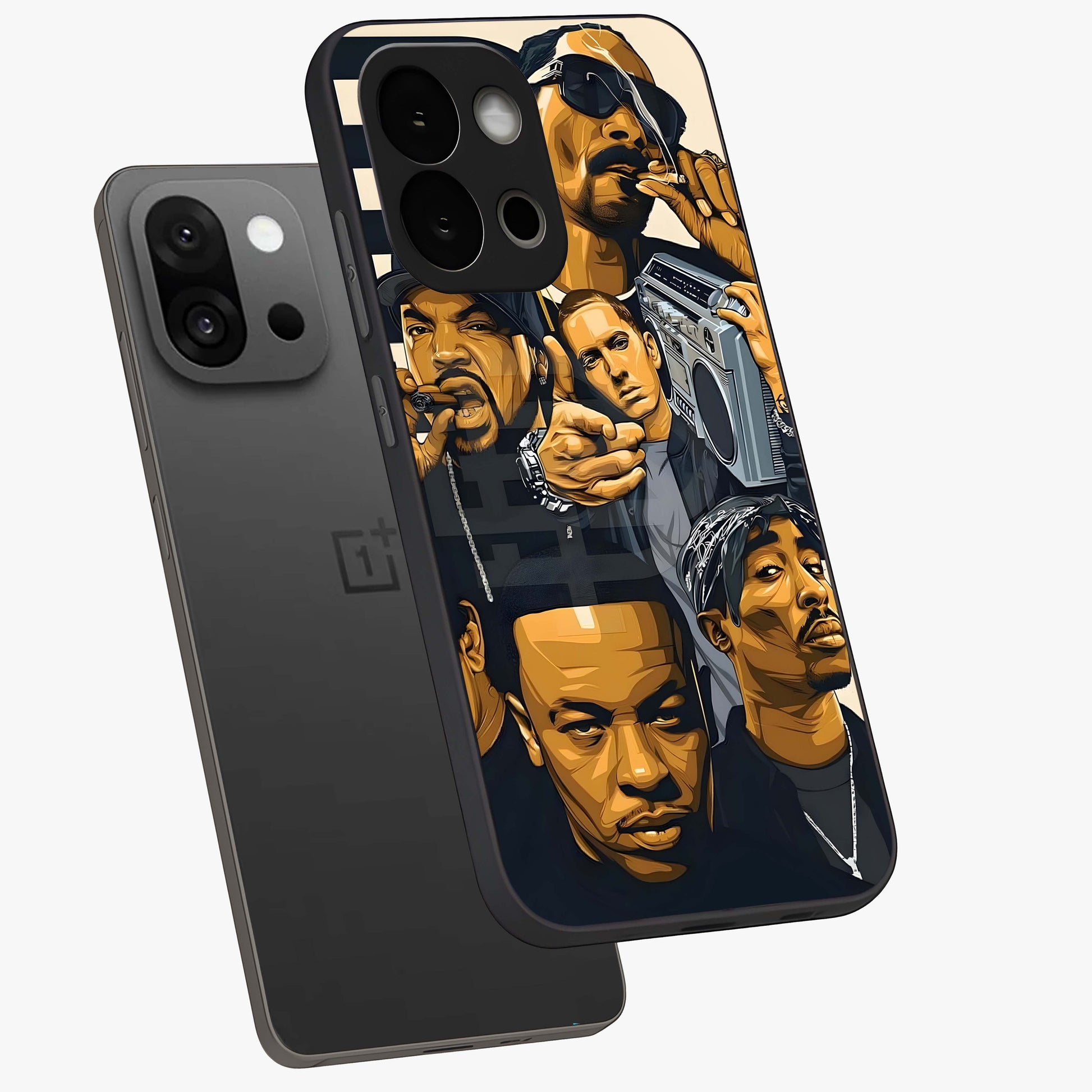 Urban Rap Legends Glass Case for 1+13S angled mockup showcasing glossy finish and edgy urban detailing